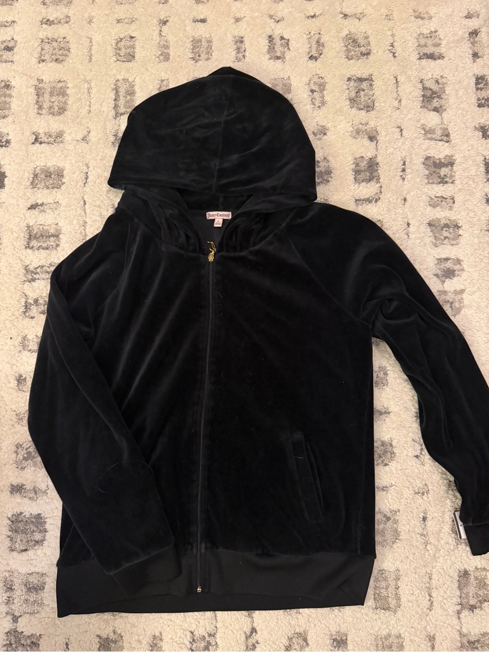 Juicy Couture Big Bling Crown and Laurel Black Velour Hoodie with Gold Zip Pull